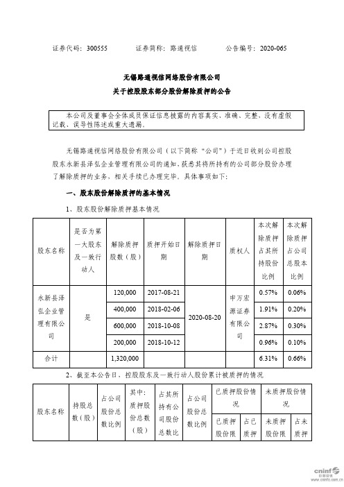 路通视信：关于控股股东部分股份解除质押的公告