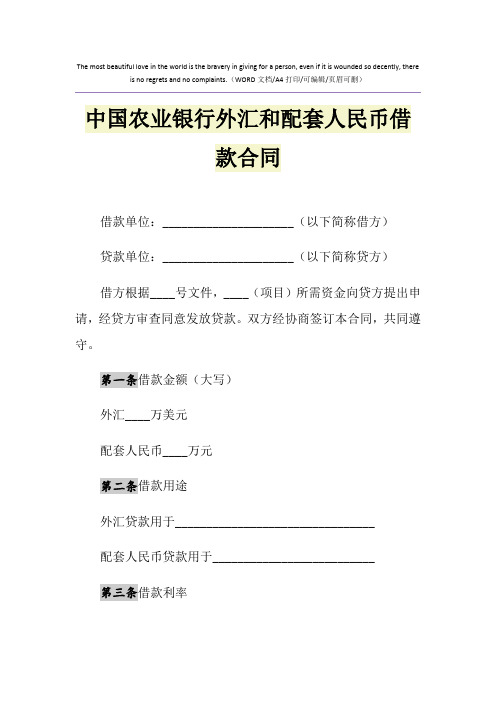 2021年中国农业银行外汇和配套人民币借款合同