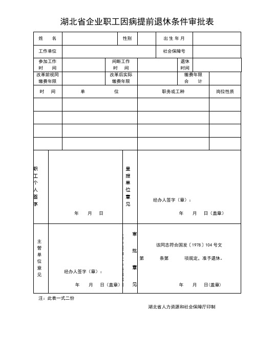 湖北省企业职工因病提前退休条件审批表及提前退休公示情况反馈单