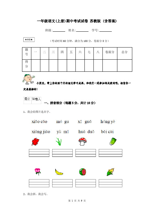 一年级语文(上册)期中考试试卷 苏教版 (含答案)