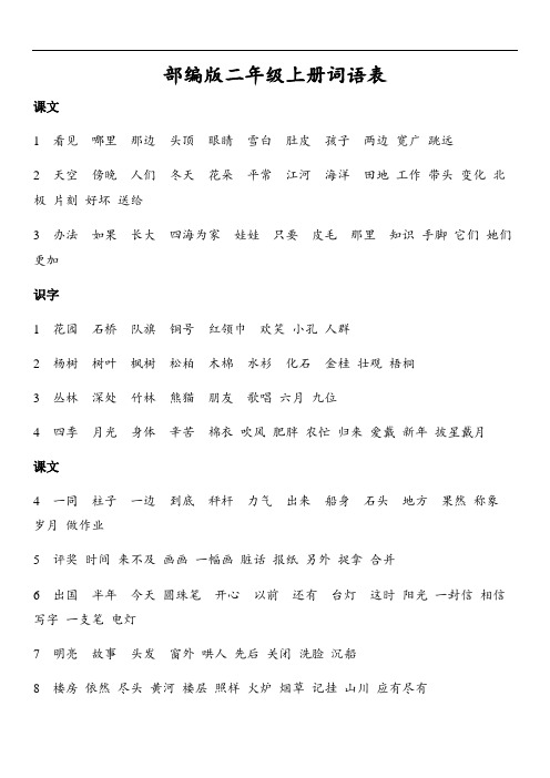 最新2018部编版小学二年级语文上册词语表备课讲稿