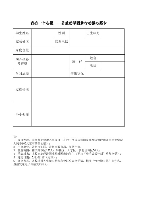 (相关辖市区用)2015年妇联助学微心愿填报单