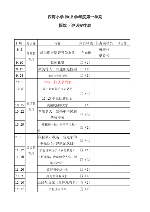 西海小学2012学年度第一学期国旗下讲话安排稿