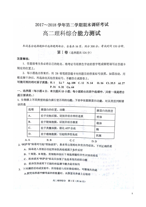 2017-2018学年河南省平顶山市高二下学期期末理科综合试题(扫描版)