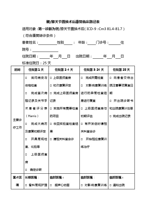 髋膝关节置换术后康复临床路径表