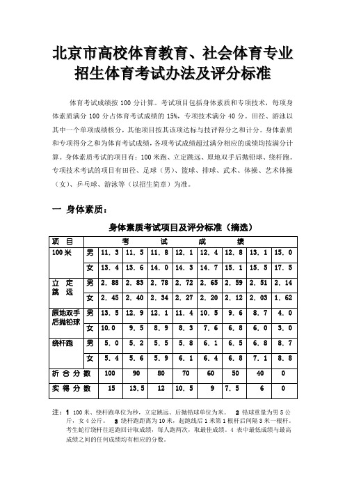 北京市高校体育教育,社会体育专业招生体育考试办法及评分标准