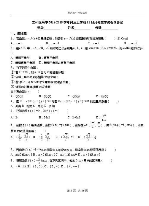 太和区高中2018-2019学年高三上学期11月月考数学试卷含答案