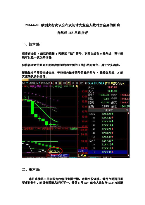 2014-6-05 欧洲央行决议公布及初请失业金人数对贵金属的影响