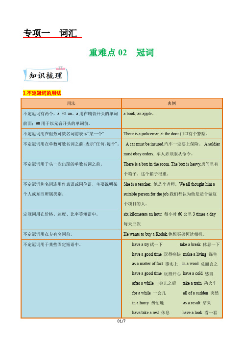 重难点02冠词-2023年中考英语【热点·重点·难点】专练(全国通用)(原卷版)