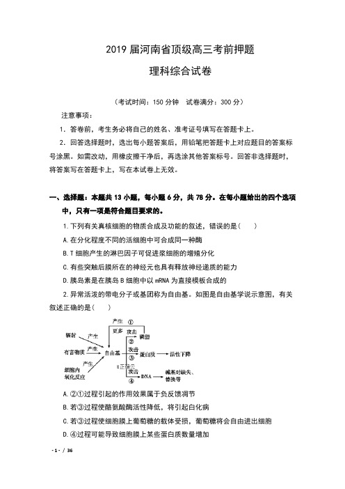 2019届河南省顶级高三考前押题理科综合试卷及答案