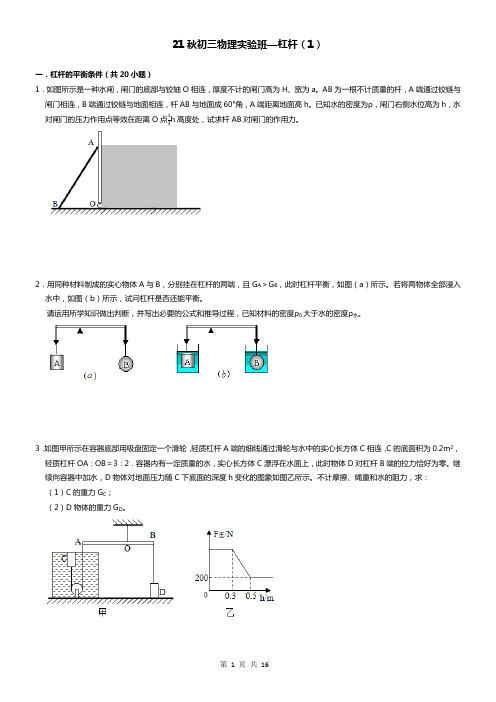 2021年初中物理培优(重点高中自主招生 竞赛)难题练习第12章 杠杆较难1