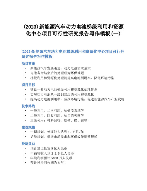 (2023)新能源汽车动力电池梯级利用和资源化中心项目可行性研究报告写作模板(一)