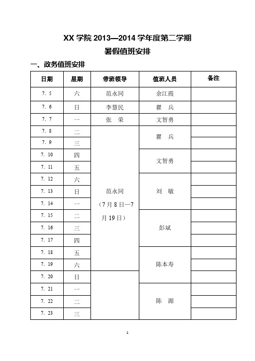 XX学院2013—2014学年度第二学期暑假值班安排一、政务值班安排【模板】