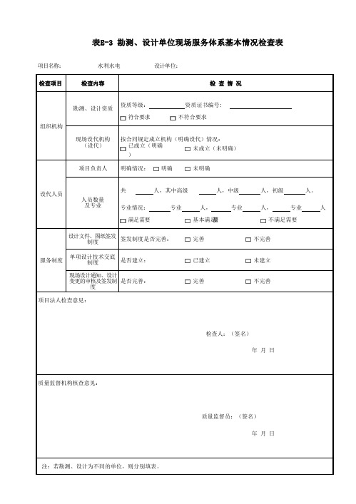 勘测、设计单位现场服务体系基本情况检查表