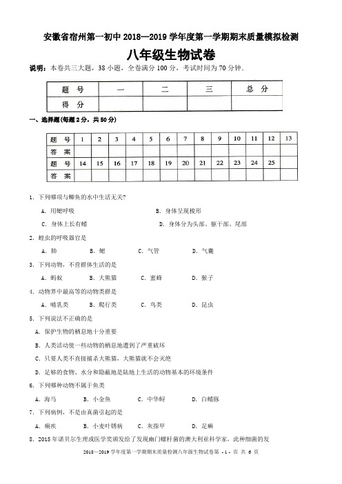 安徽省宿州第一初中2018-2019学年度第一学期期末质量检测八年级生物试卷(有答案)