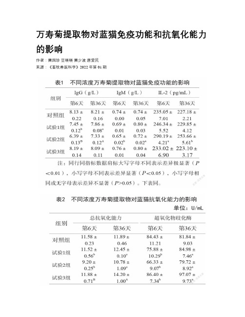 万寿菊提取物对蓝猫免疫功能和抗氧化能力的影响