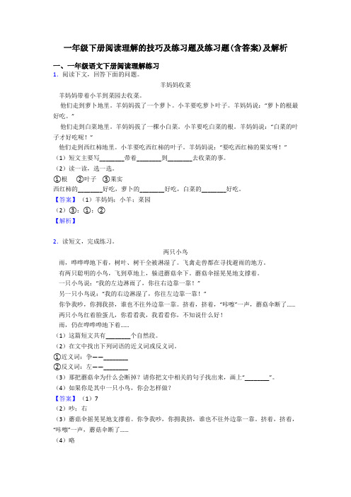 一年级下册阅读理解的技巧及练习题及练习题(含答案)及解析