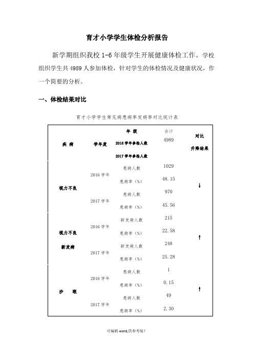 育才小学学生体检分析报告