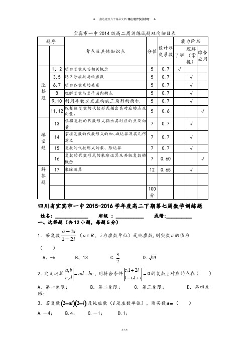 人教A版选修一高二周训练试题双向细目表.docx