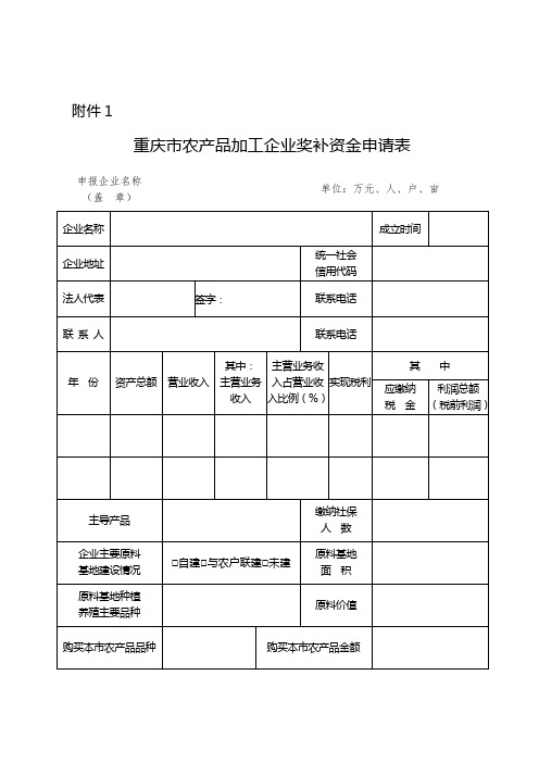 重庆市农产品加工企业奖补资金申请表