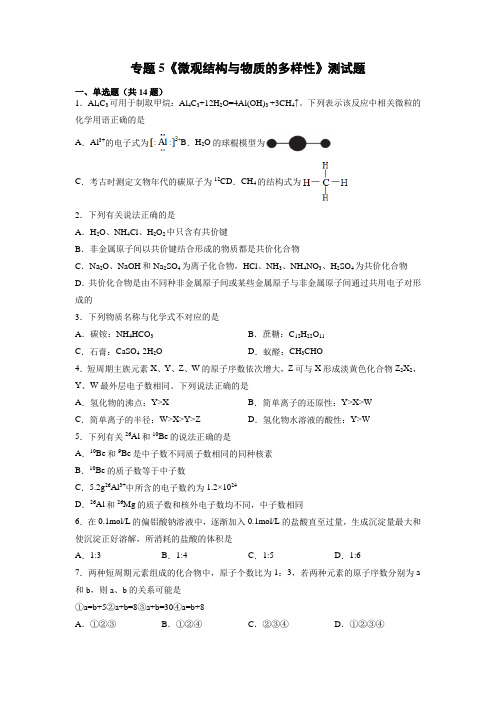 专题5《微观结构与物质的多样性》试题(含答案)2021-2022学年上期高一化学苏教版2019必修一