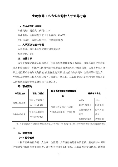 生物制药工艺专业指导性人才培养方案