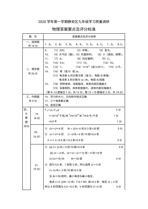 2021上海静安初三一模物理答案