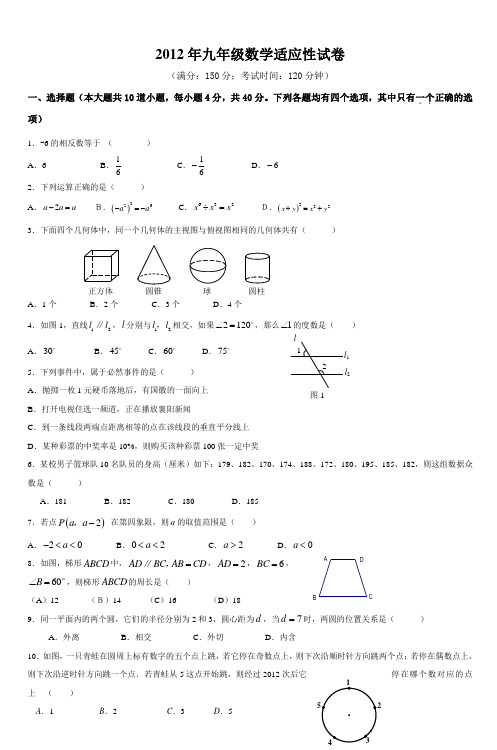 2012年九年级数学适应性试卷