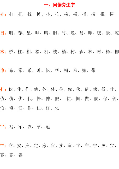 一年级语文同偏旁生字、加偏旁组词汇总