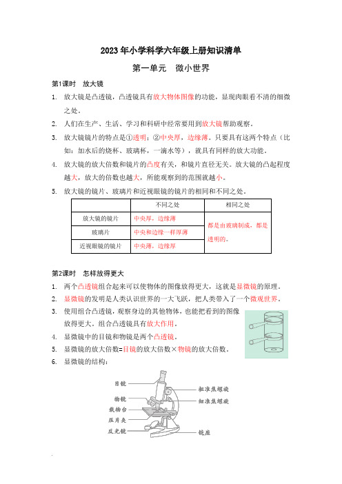 教科版六年级科学上册知识清单(新版)