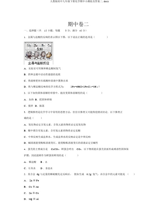 人教版初中九年级下册化学期中小测验及答案二.docx