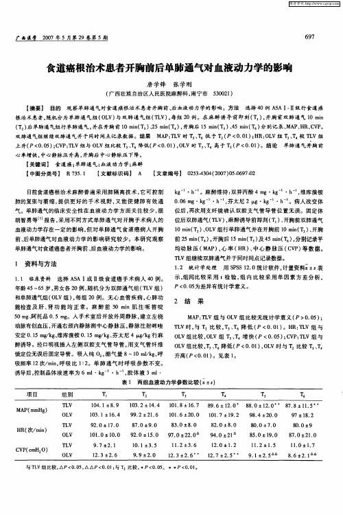 食道癌根治术患者开胸前后单肺通气对血液动力学的影响