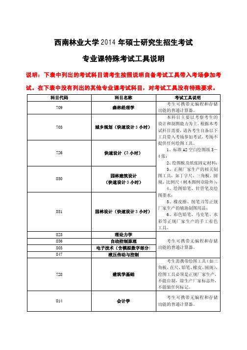 西南林业大学2014年硕士研究生招生考试专业课需考生自带特殊考试工具说明