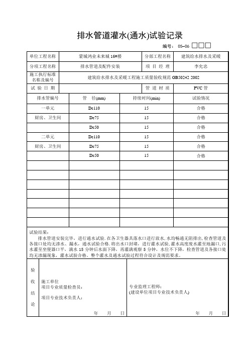 排水管道灌水试验记录