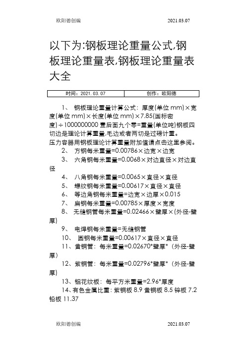 钢板理论重量计算公式-钢板理计怎么算之欧阳德创编