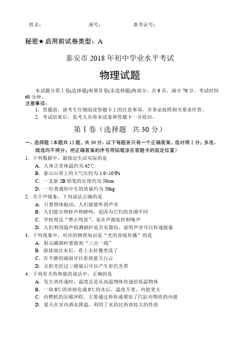 2018年山东泰安中考物理试题及其答案