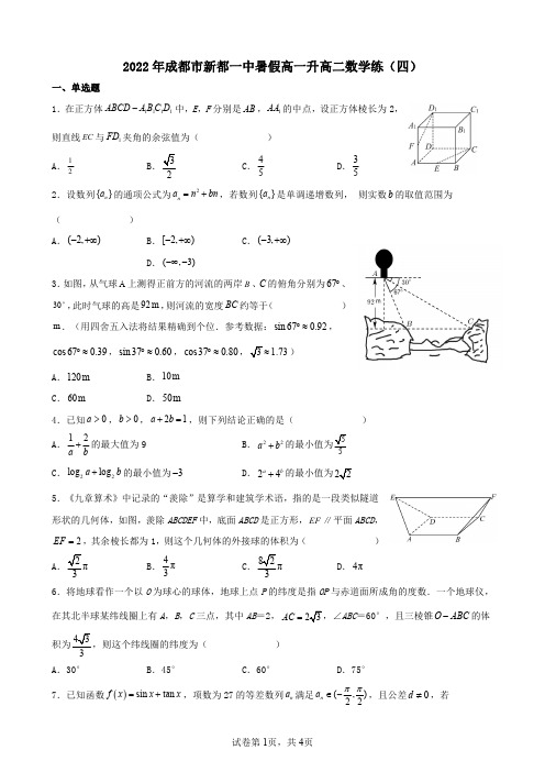 2022年成都市新都一中暑假高一升高二数学练(四)附答案解析