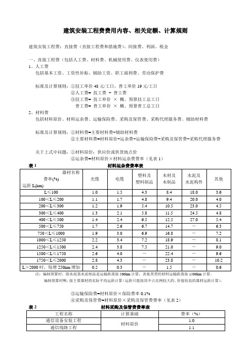 建筑安装工程费费用的定额