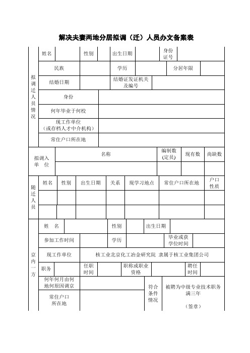 解决夫妻两地分居拟调(迁)人员办文备案表