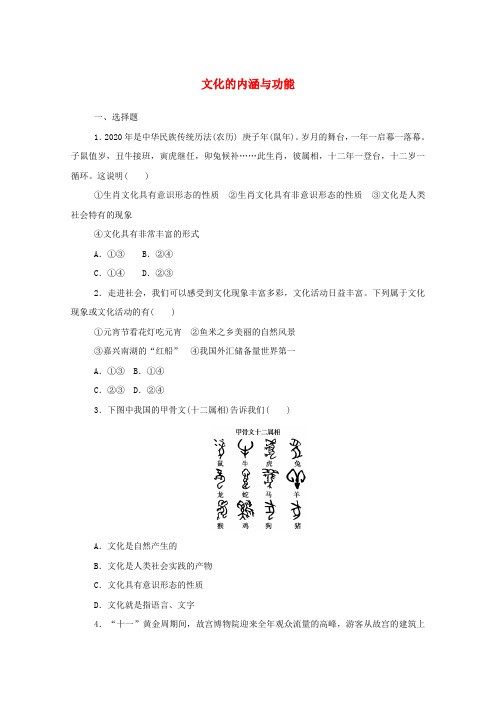 高中政治第三单元文化传承与文化创新71文化的内涵与功能课时作业(含解析)新人教版必修4