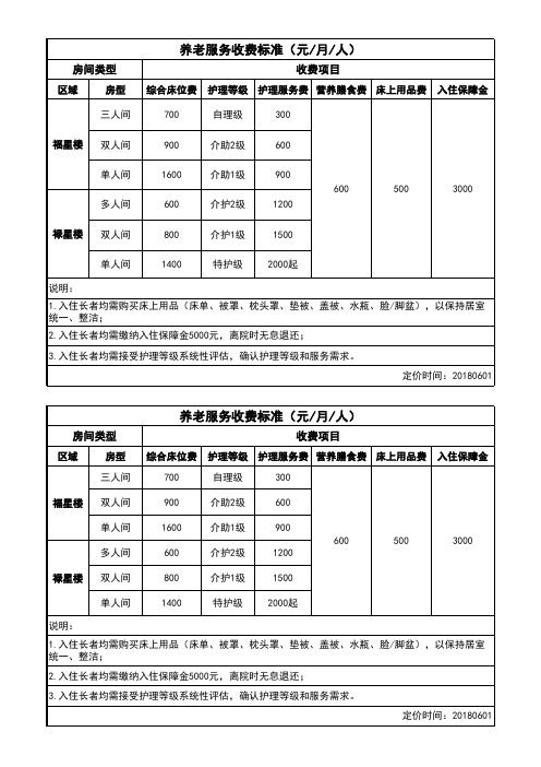 星级养老机构收费标准参考