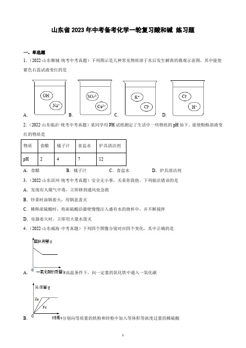 山东省2023年中考备考化学一轮复习酸和碱 练习题(含解析)