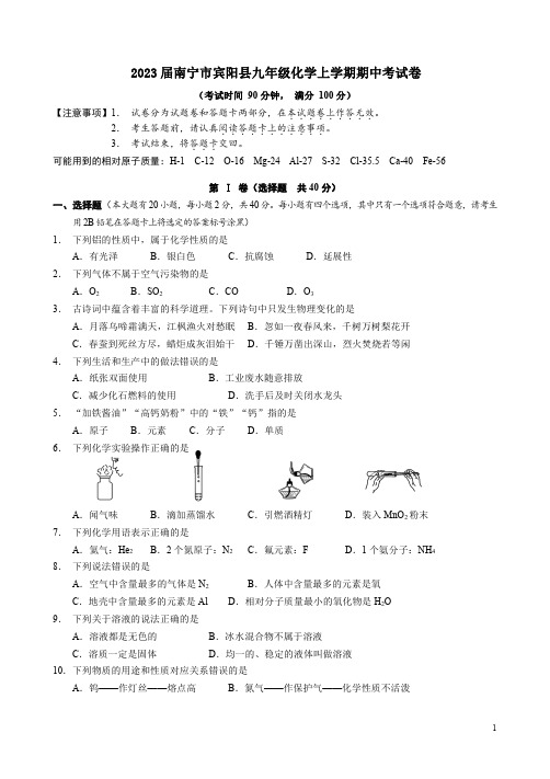 2023届南宁市宾阳县九年级化学上学期期中考试卷附答案解析