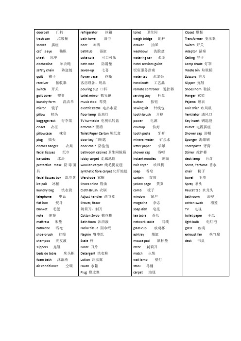 酒店用品中英文介绍