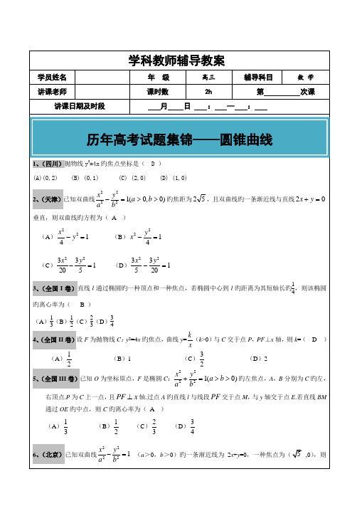 2023年高考文科数学真题汇编圆锥曲线老师版