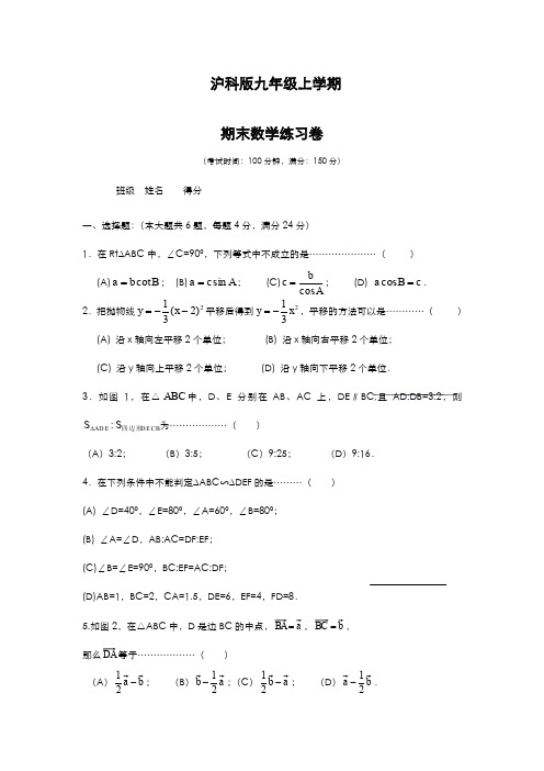 最新2019-2020年度沪科版九年级数学上学期期末模拟练习卷及答案解析-精编试题