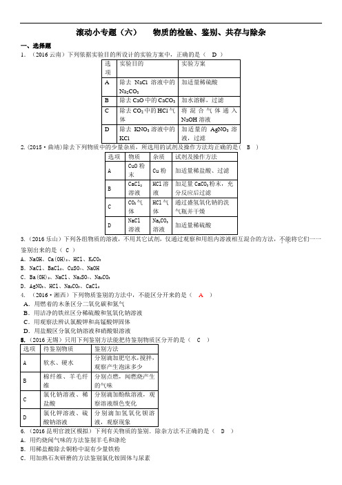 云南化学中考复习练习：滚动小专题(六) 物质的检验、