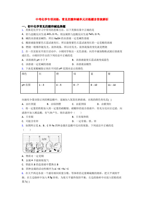 中考化学专项训练：常见的酸和碱单元训练题含答案解析