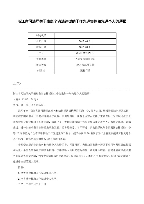 浙江省司法厅关于表彰全省法律援助工作先进集体和先进个人的通报-浙司[2012]51号