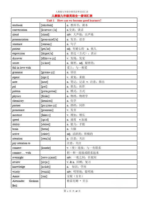 人教版九年级全册英语单词词汇表